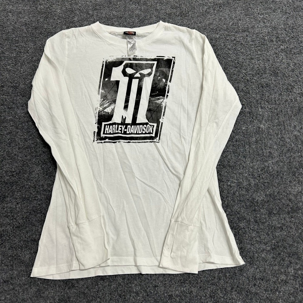 Harley-Davidson Shirt Womens Size M White Long Sleeve Graphic Logo Cotton Blend